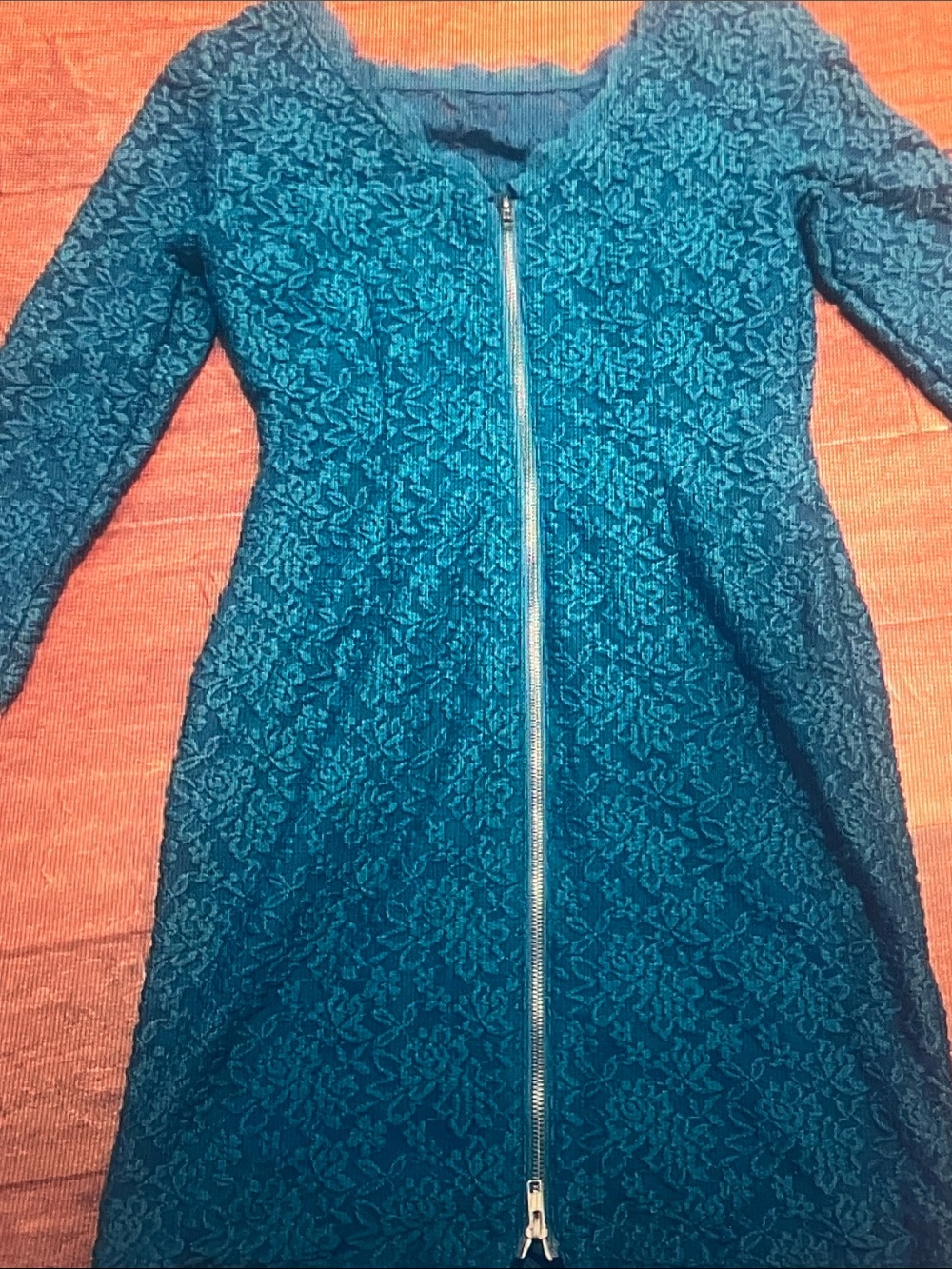 Adrianna Papell Teal Lace Zip-Front Long Sleeve Dress